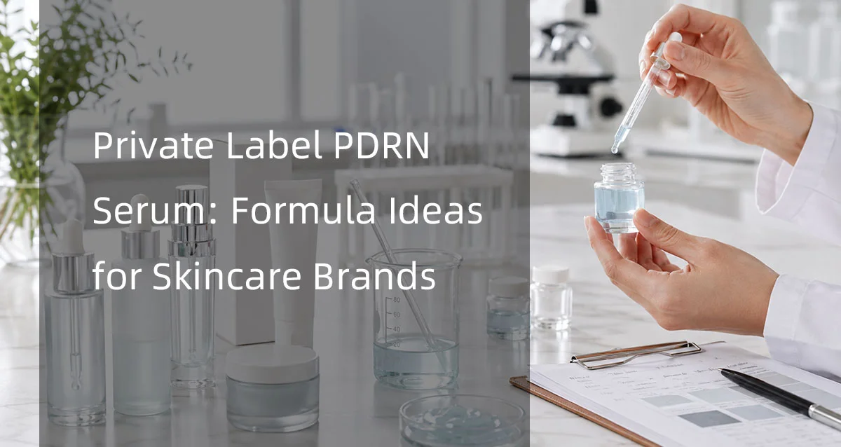 Scientist holding a dropper over a small jar of blue serum with lab equipment, beakers, and clipboard nearby in a skincare development lab.